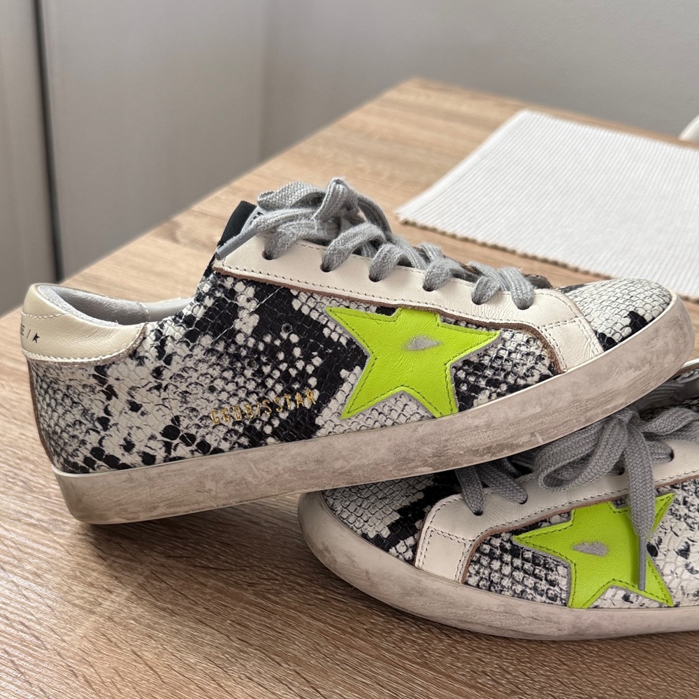 Golden Goose Snake Print Sneakers with Neon Green Star